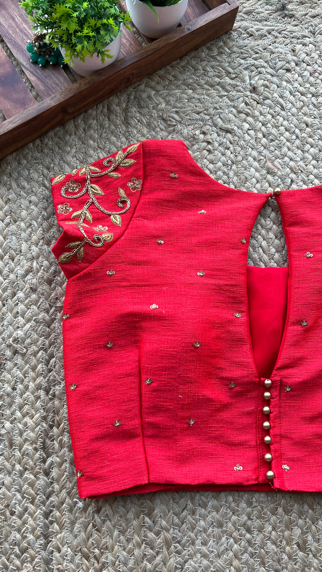 Red silk floral sleeves hand worked blouse