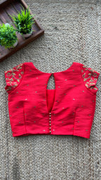 Red silk floral sleeves hand worked blouse