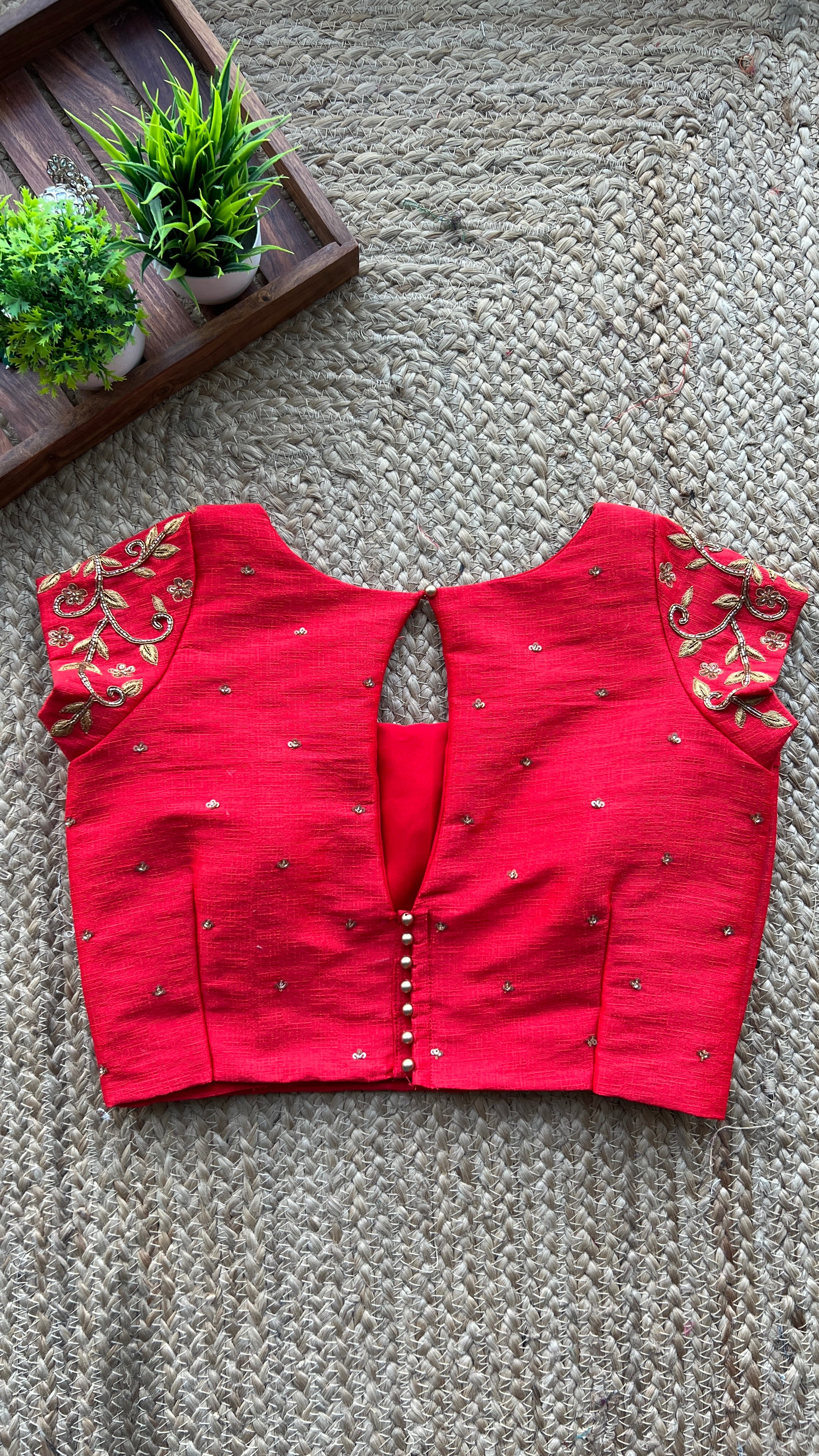 Red silk floral sleeves hand worked blouse