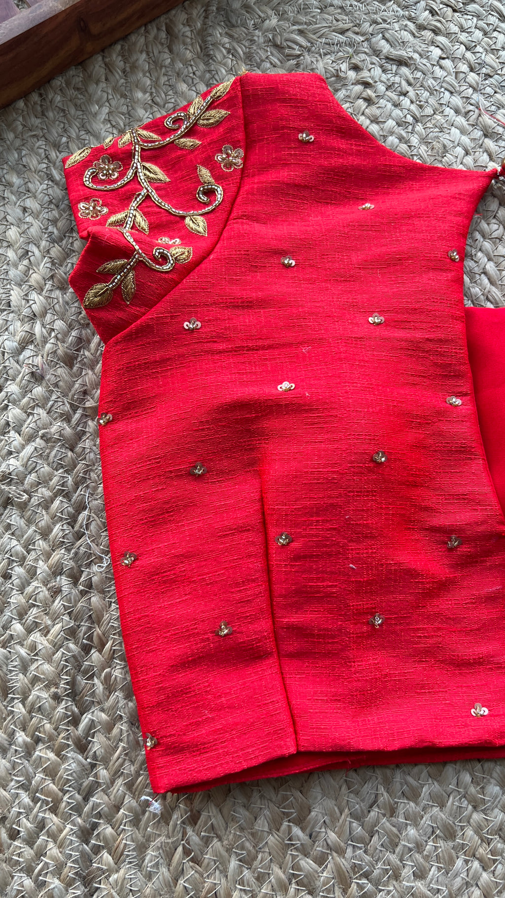 Red silk floral sleeves hand worked blouse