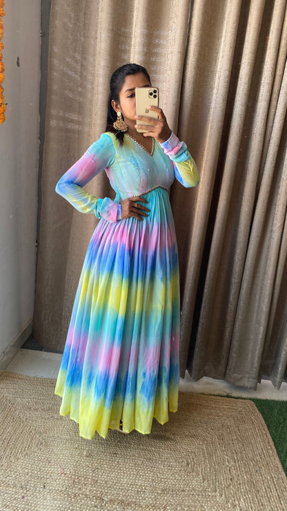 Rainbow floral georgette full length kurti dress