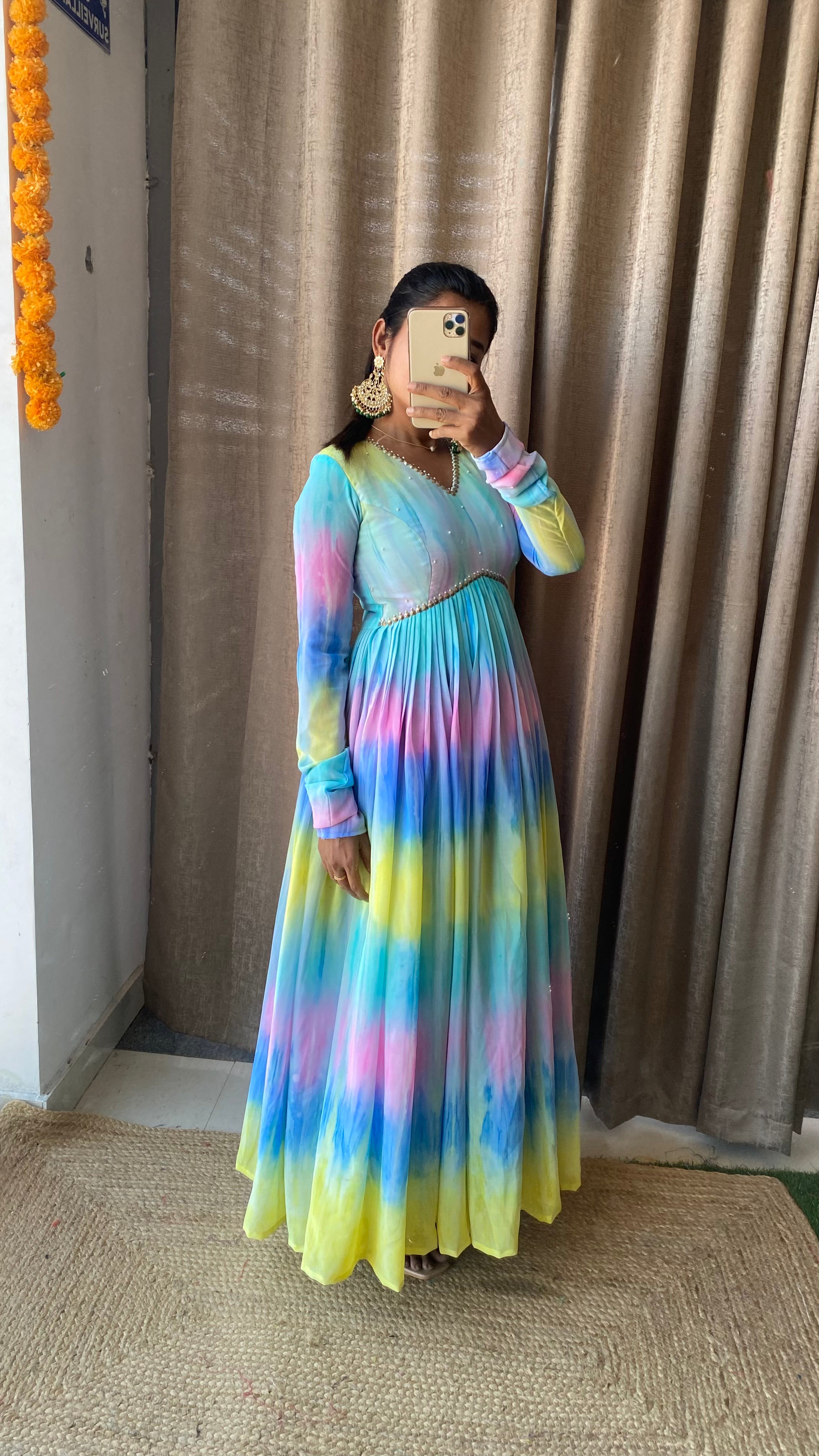 Miyake Pleated 2024 Summer New Rainbow Print Round Neck Long Sleeve  Embroidered Temperament Loose Women's Dress