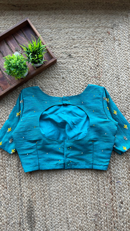 Tiffany blue silk hand worked blouse