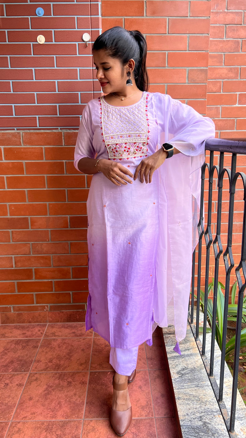 Lavender silk muslin embroidery hand worked 3 piece kurti set - Threads