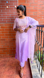 Lavender silk muslin embroidery hand worked 3 piece kurti set - Threads