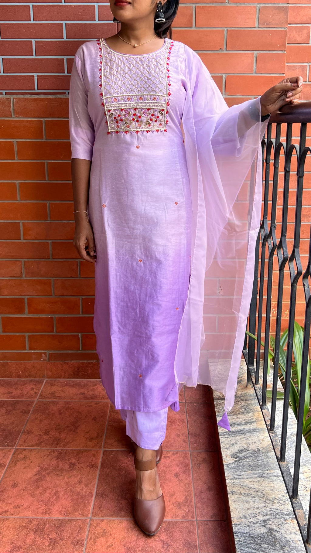 Lavender silk muslin embroidery hand worked 3 piece kurti set - Threads
