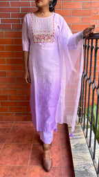 Lavender silk muslin embroidery hand worked 3 piece kurti set - Threads