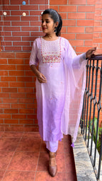 Lavender silk muslin embroidery hand worked 3 piece kurti set - Threads