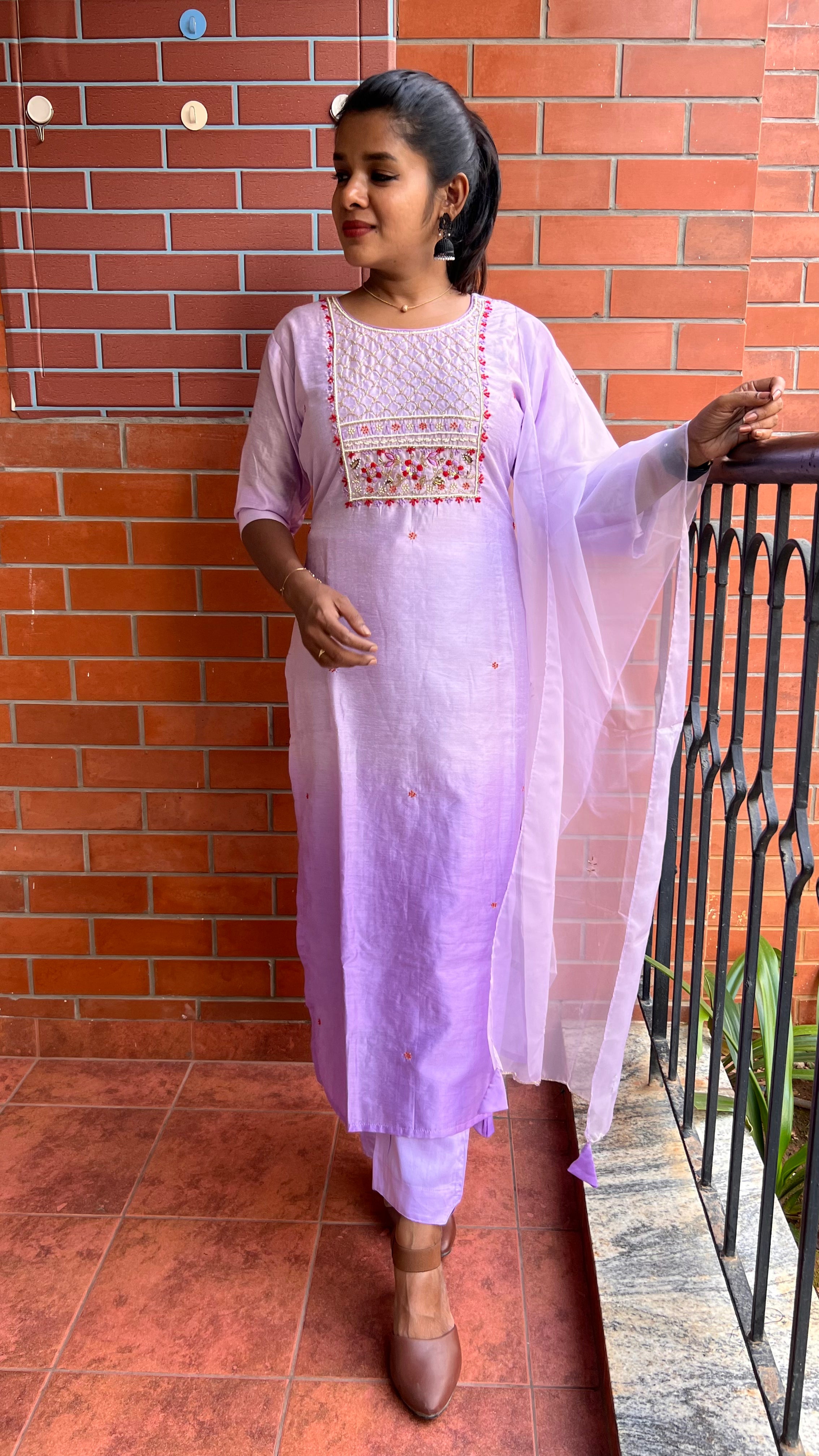 Lavender silk muslin embroidery hand worked 3 piece kurti set - Threads