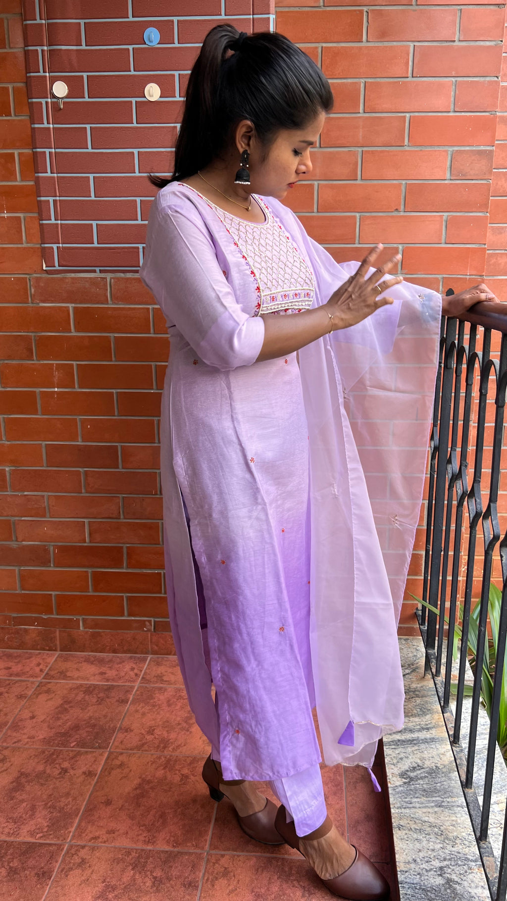 Lavender silk muslin embroidery hand worked 3 piece kurti set - Threads