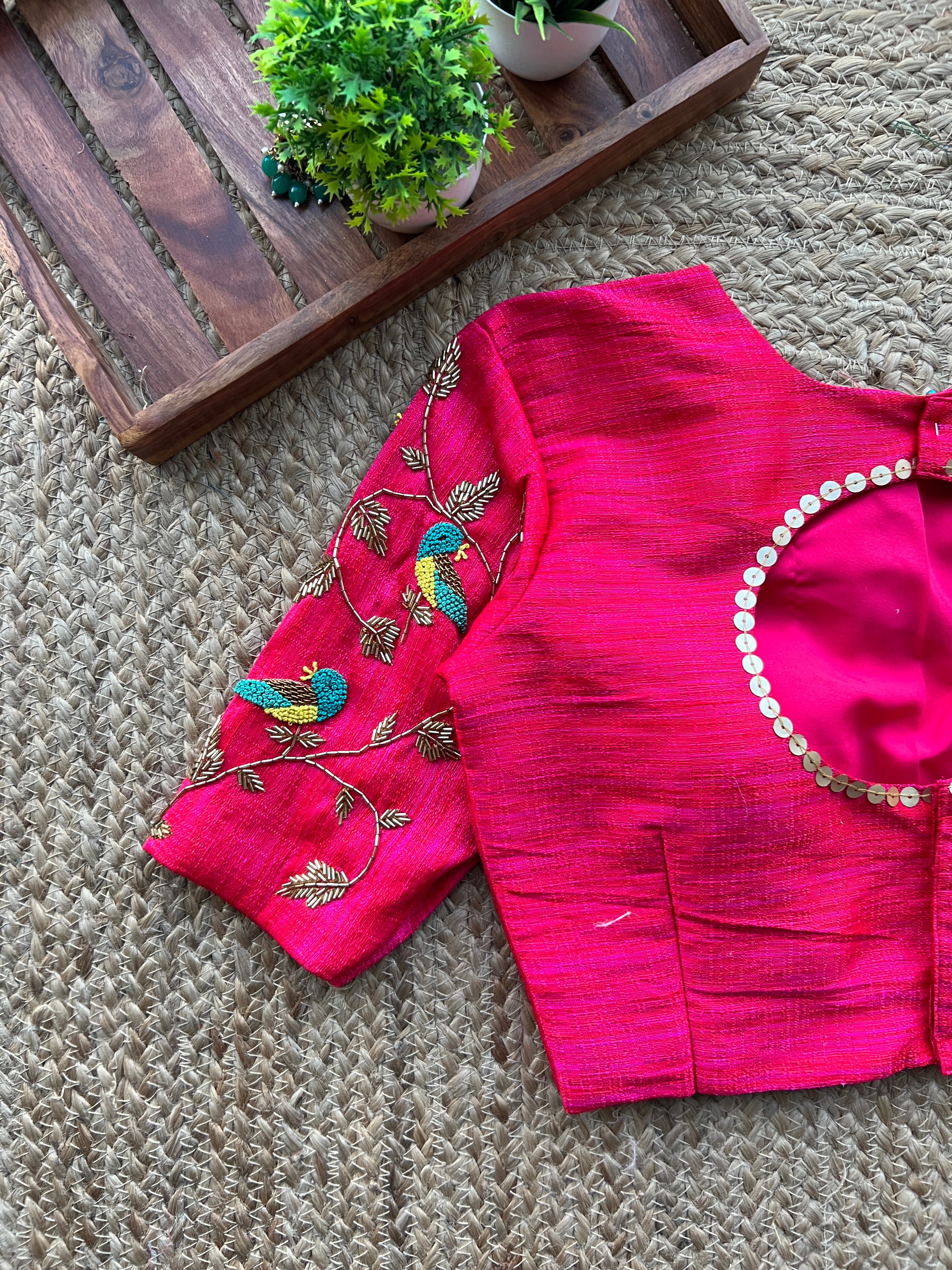 Pink silk bird hand worked blouse