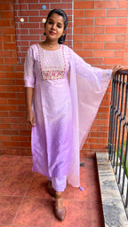 Lavender silk muslin embroidery hand worked 3 piece kurti set - Threads