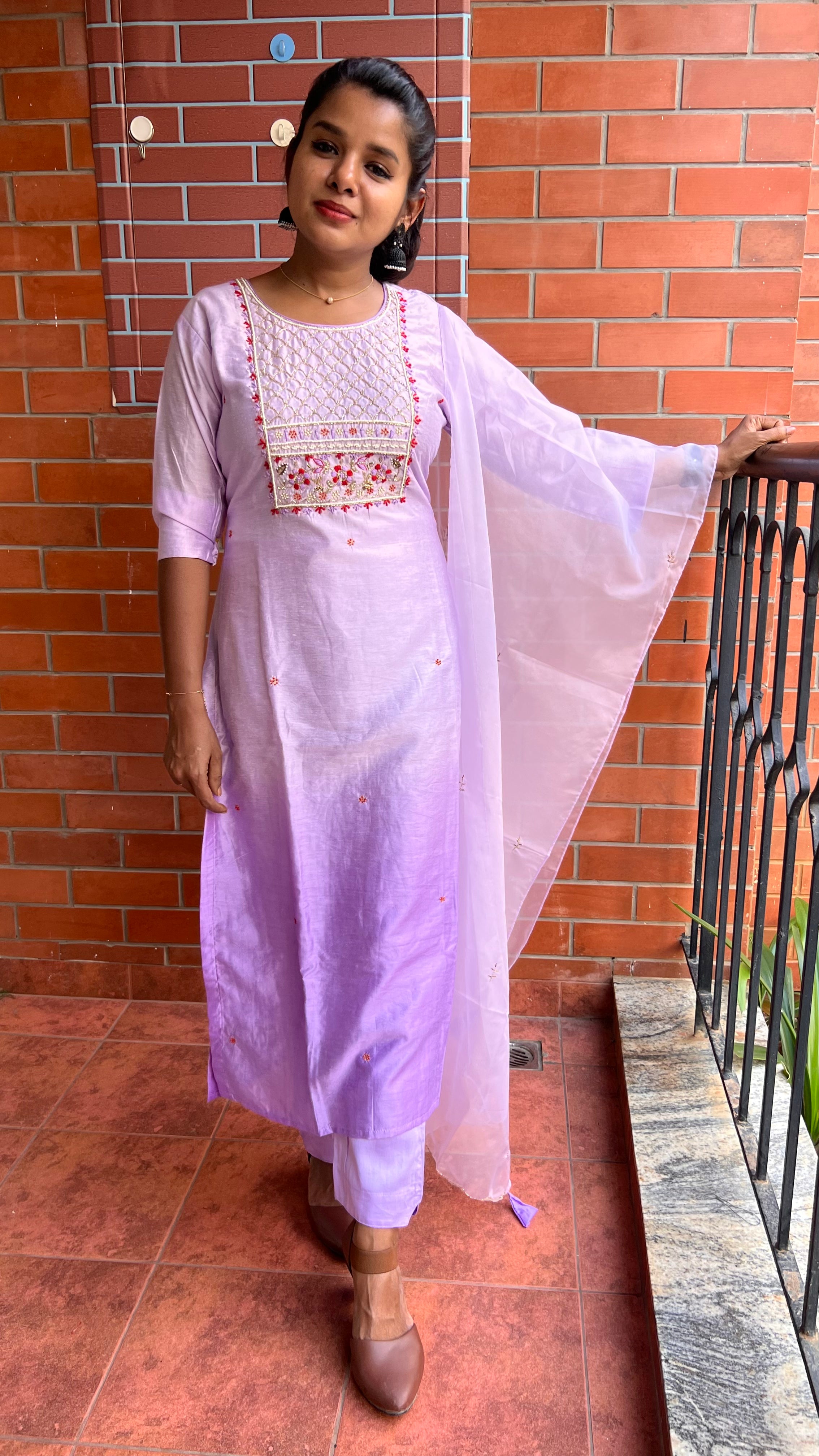 Lavender silk muslin embroidery hand worked 3 piece kurti set - Threads