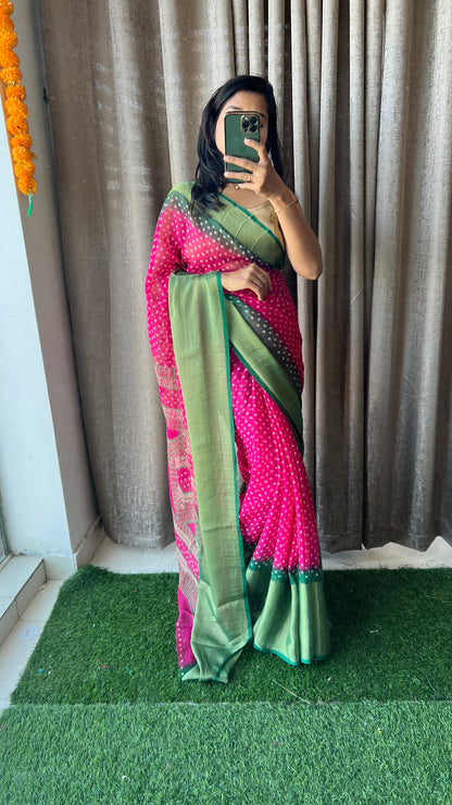 Pink and green casual saree with blouse