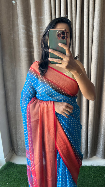 Blue and red casual saree with blouse