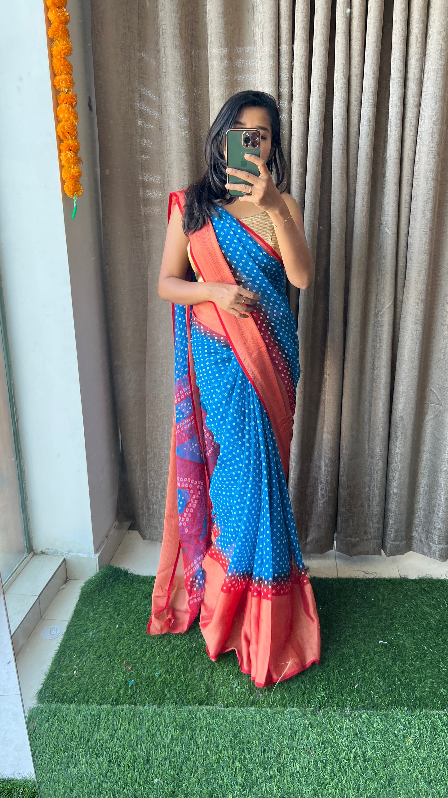 Blue and red casual saree with blouse