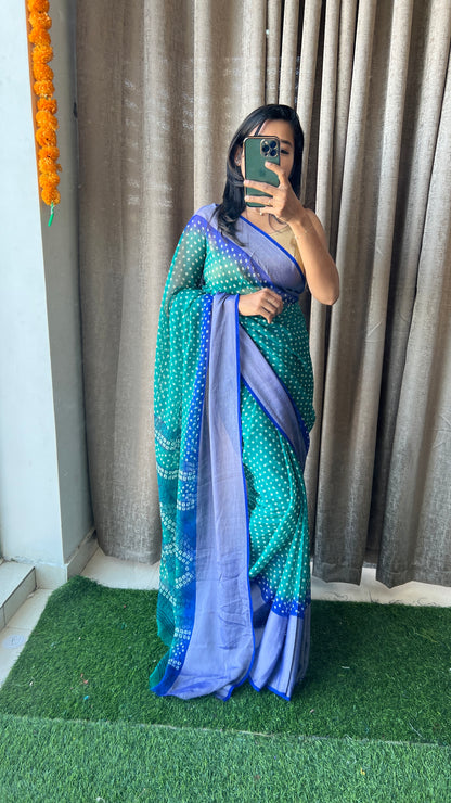 Peacock green and blue casual saree with blouse