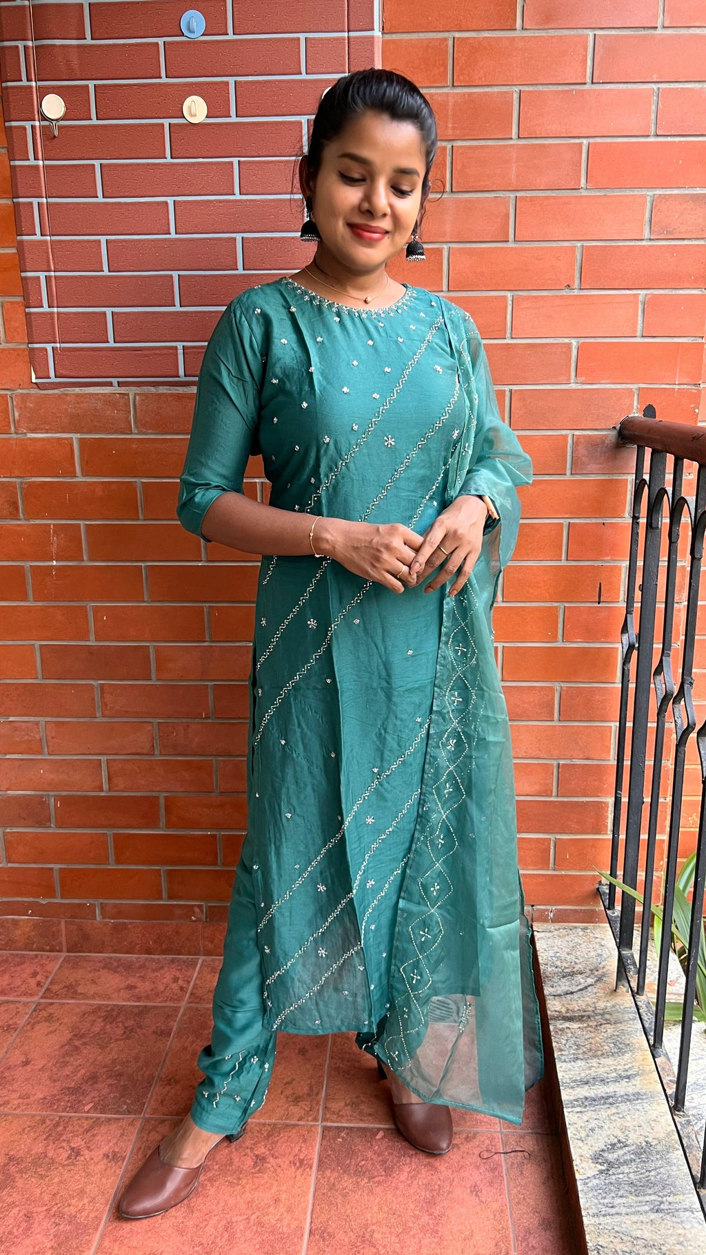 Light green silk embroidery hand worked 3 piece kurti set - Threads