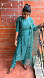 Light green silk embroidery hand worked 3 piece kurti set - Threads