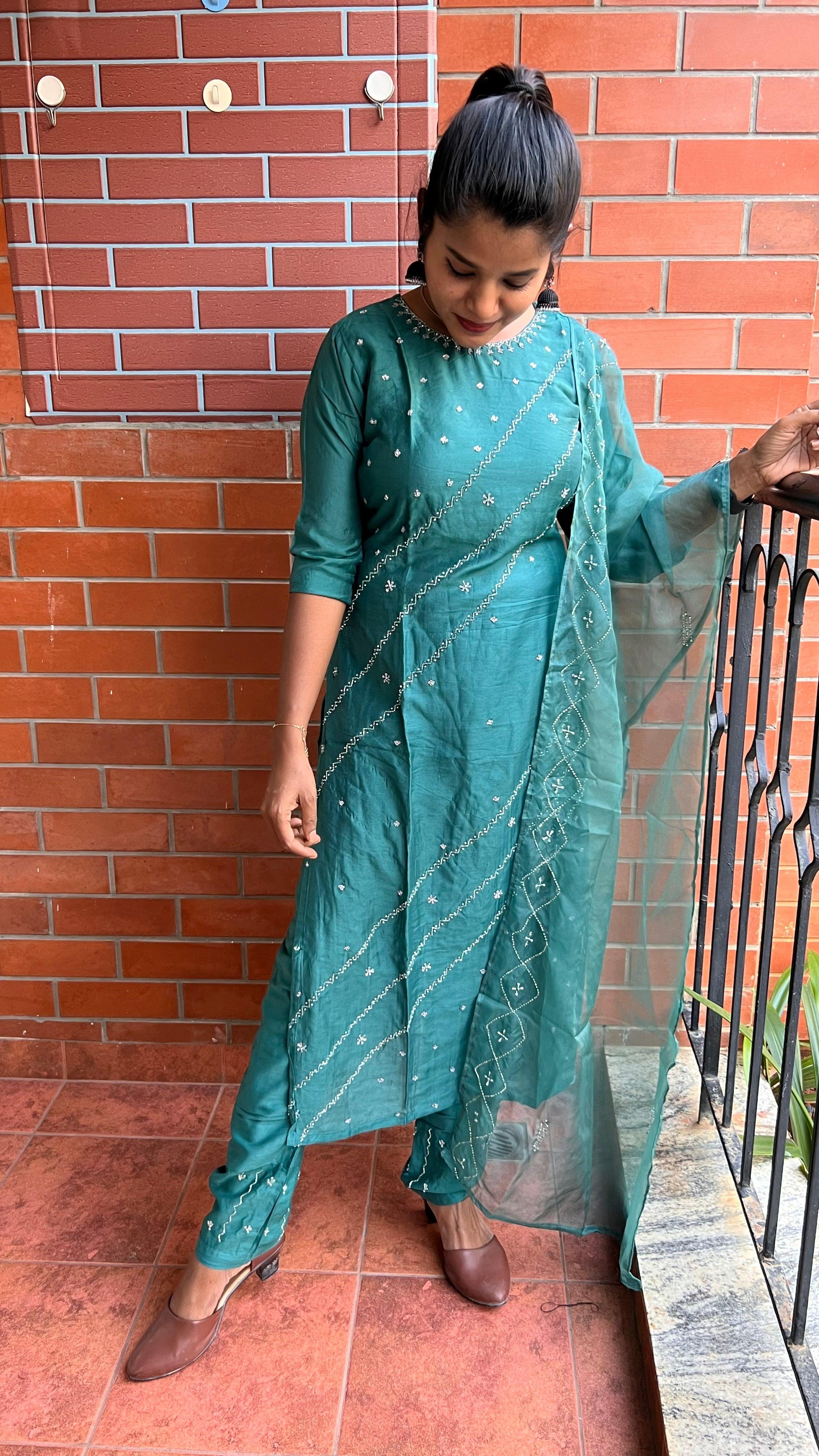 Light green silk embroidery hand worked 3 piece kurti set - Threads
