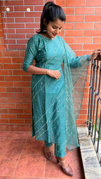 Light green silk embroidery hand worked 3 piece kurti set - Threads