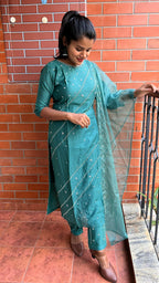 Light green silk embroidery hand worked 3 piece kurti set - Threads