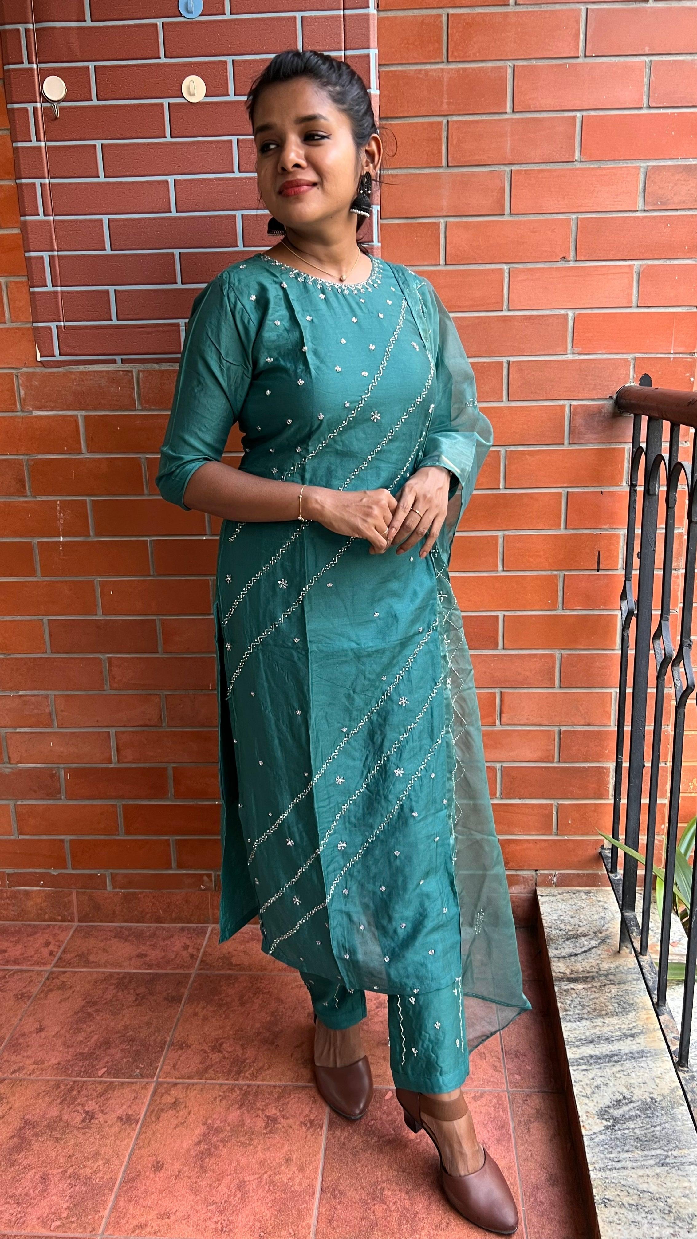 Light green silk embroidery hand worked 3 piece kurti set - Threads