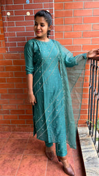 Light green silk embroidery hand worked 3 piece kurti set - Threads