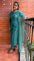 Light green silk embroidery hand worked 3 piece kurti set - Threads