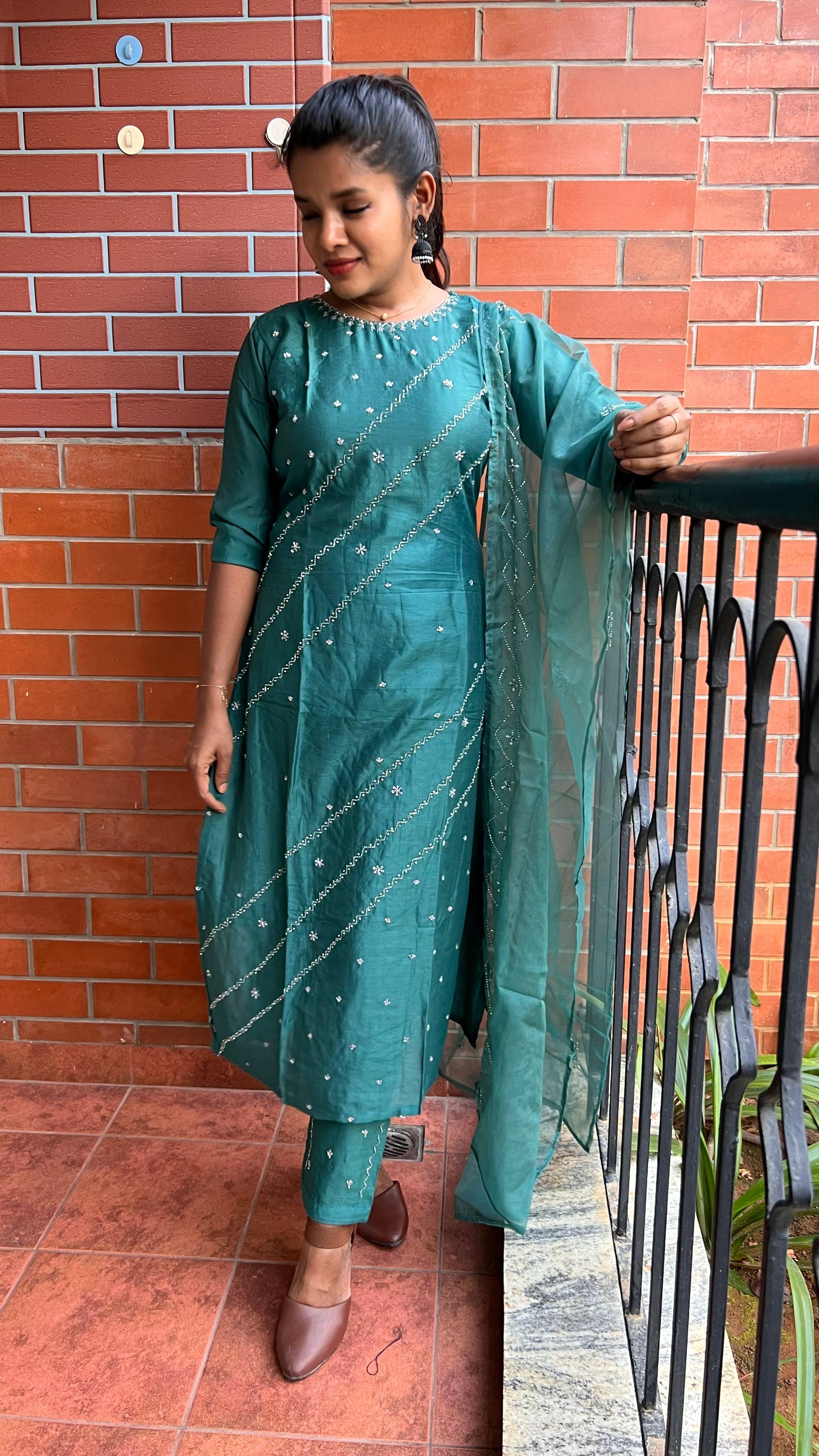 Light green silk embroidery hand worked 3 piece kurti set - Threads