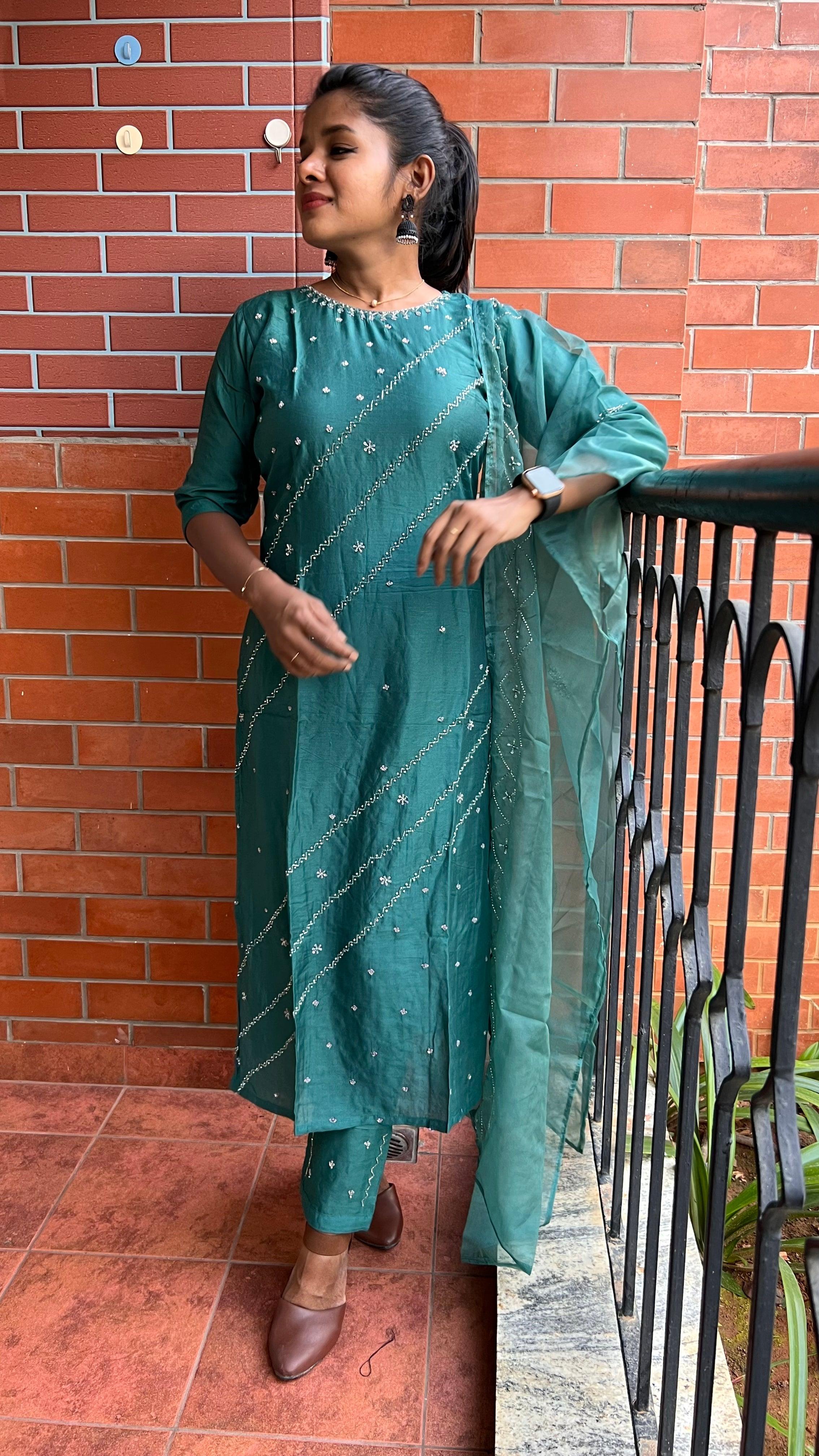 Light green silk embroidery hand worked 3 piece kurti set - Threads