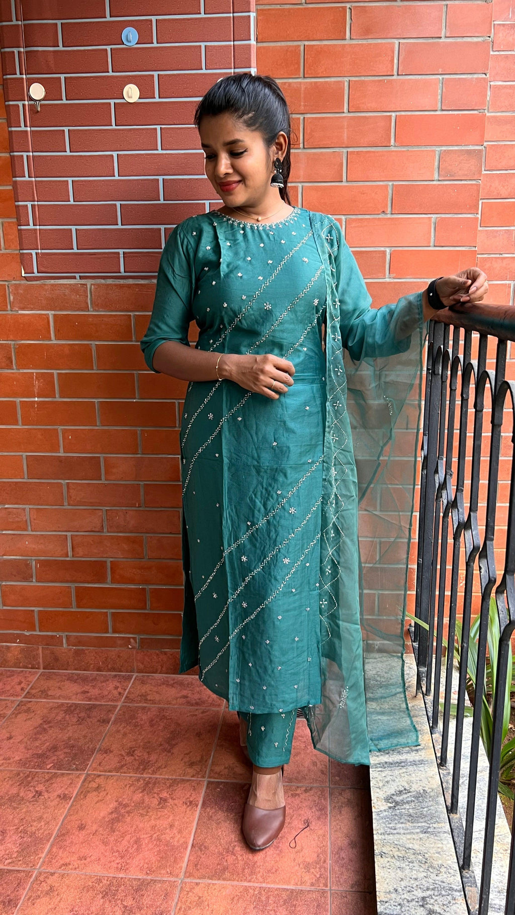 Light green silk embroidery hand worked 3 piece kurti set - Threads