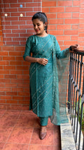 Light green silk embroidery hand worked 3 piece kurti set - Threads
