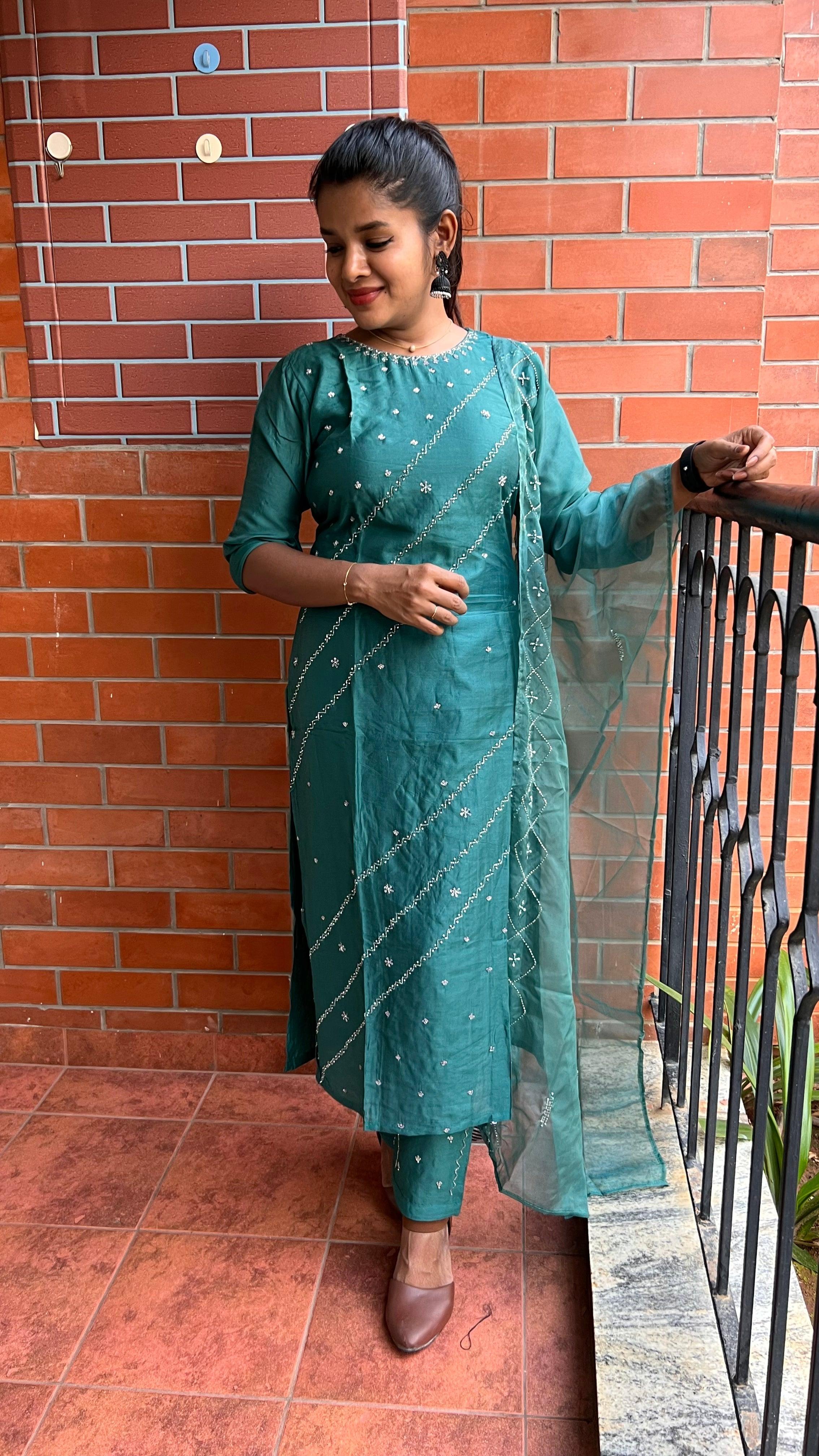 Light green silk embroidery hand worked 3 piece kurti set - Threads