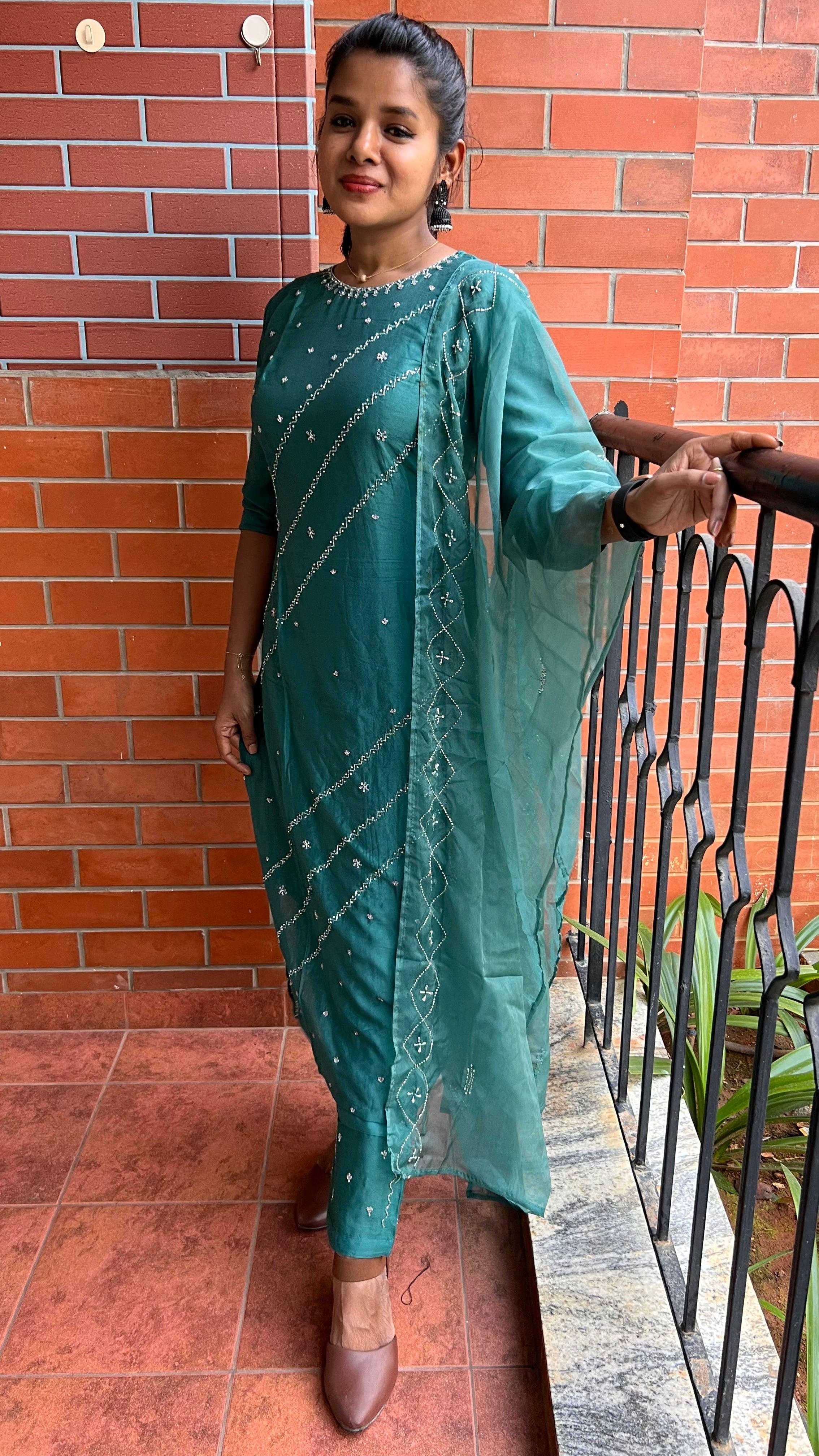 Light green silk embroidery hand worked 3 piece kurti set - Threads
