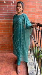 Light green silk embroidery hand worked 3 piece kurti set - Threads