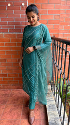 Light green silk embroidery hand worked 3 piece kurti set - Threads