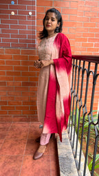 Peach and maroon embroidery hand worked 3 piece kurti set - Threads