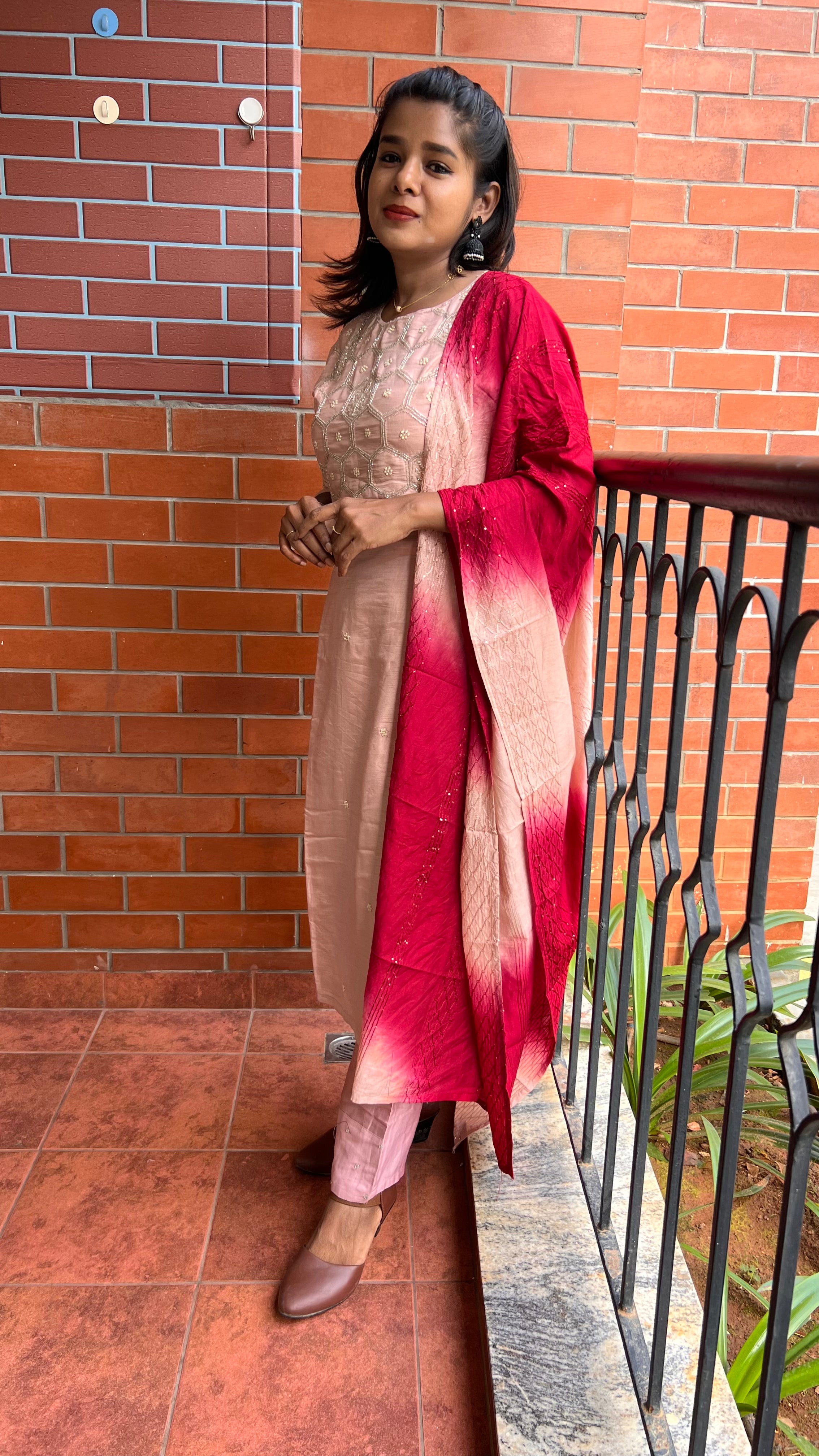 Peach and maroon embroidery hand worked 3 piece kurti set - Threads