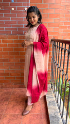 Peach and maroon embroidery hand worked 3 piece kurti set - Threads