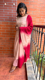 Peach and maroon embroidery hand worked 3 piece kurti set - Threads