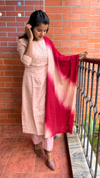 Peach and maroon embroidery hand worked 3 piece kurti set - Threads