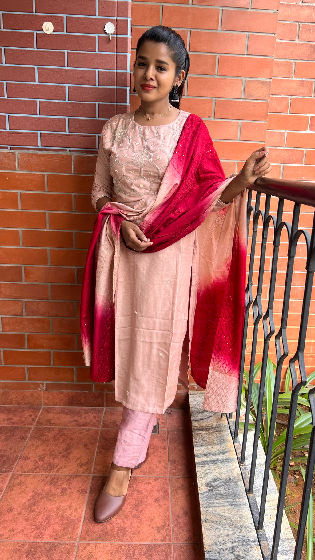 Peach and maroon embroidery hand worked 3 piece kurti set - Threads