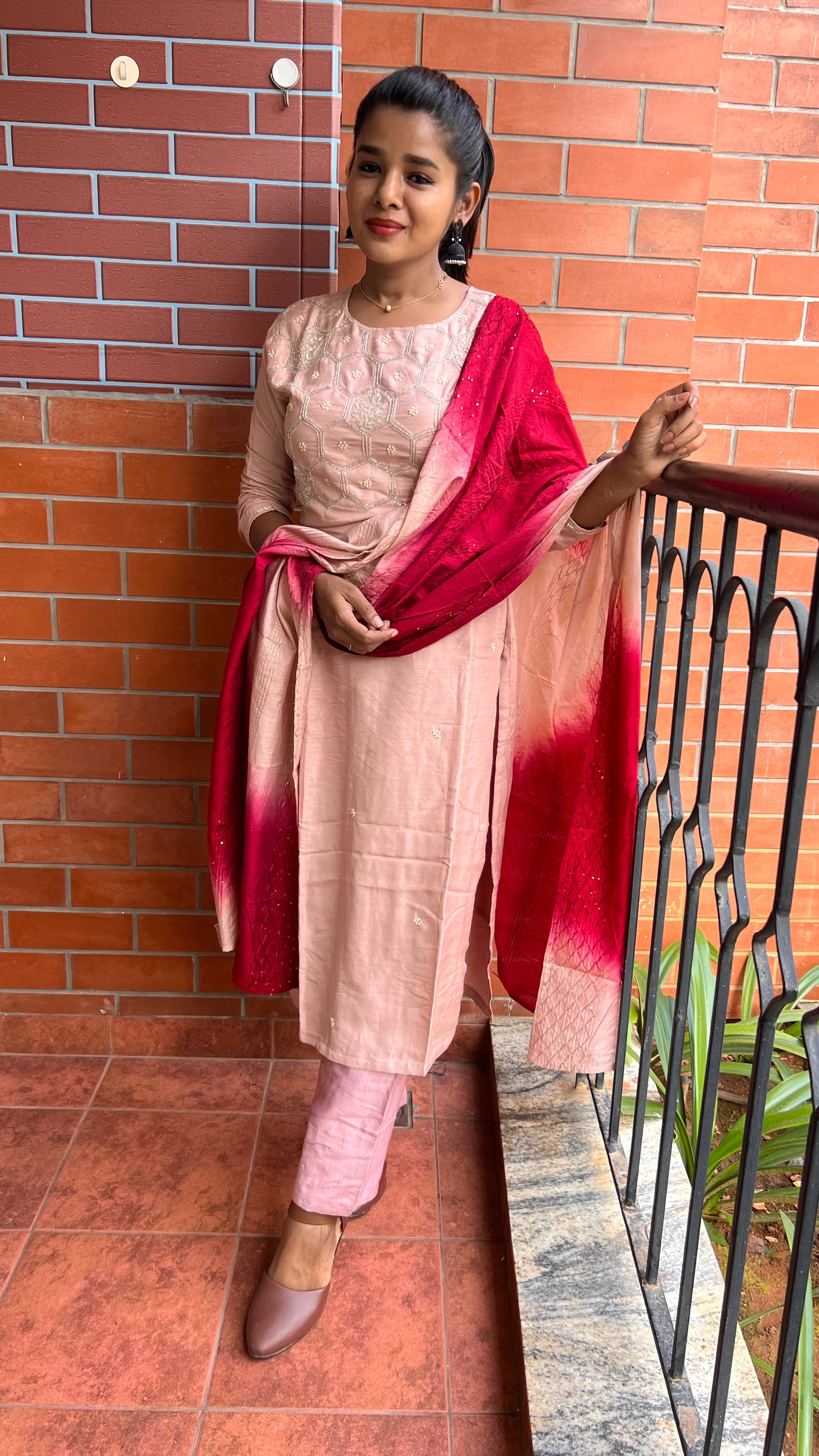 Peach and maroon embroidery hand worked 3 piece kurti set - Threads