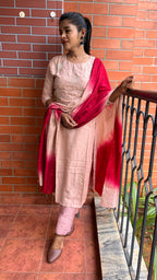 Peach and maroon embroidery hand worked 3 piece kurti set - Threads