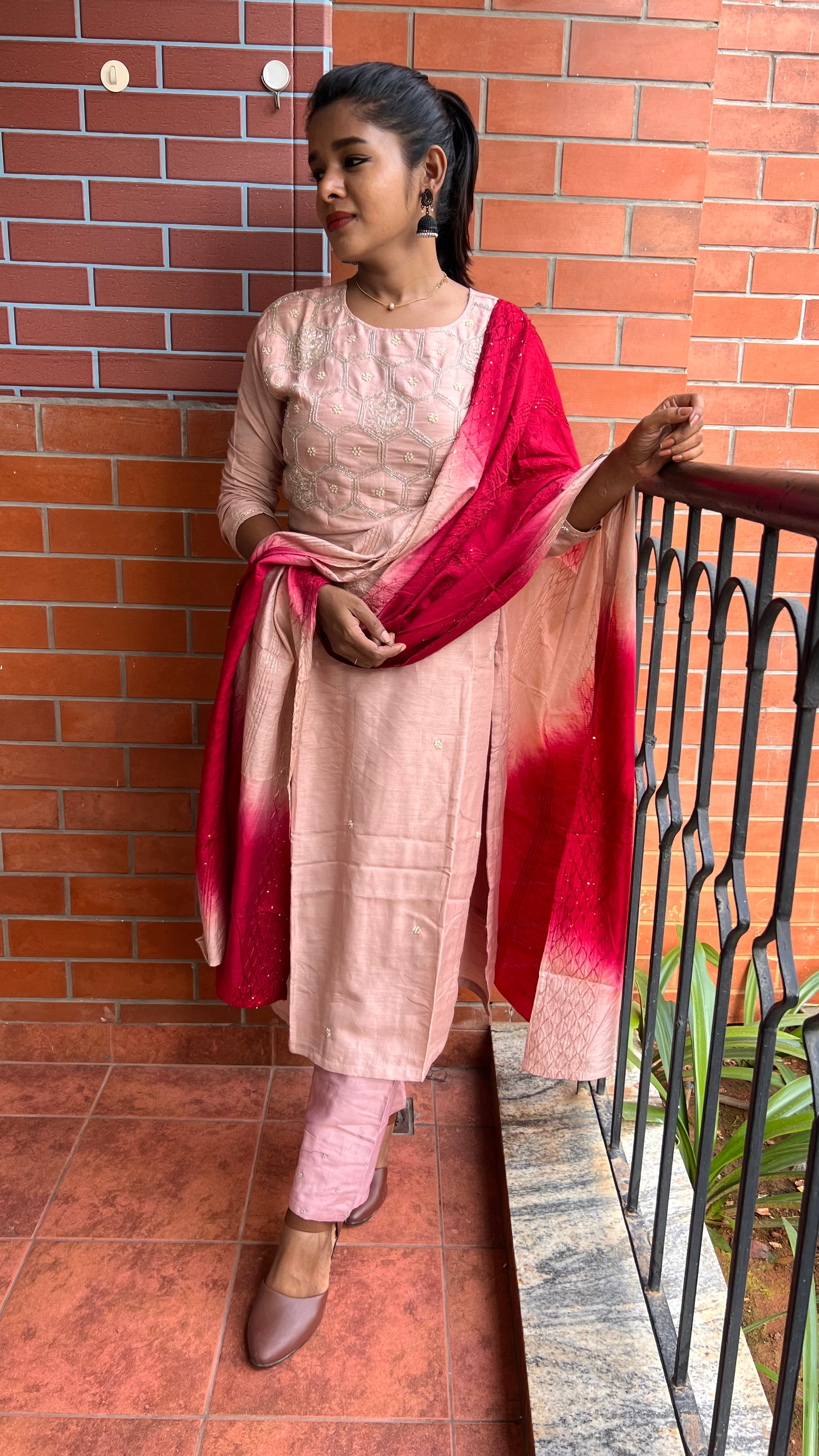 Peach and maroon embroidery hand worked 3 piece kurti set - Threads