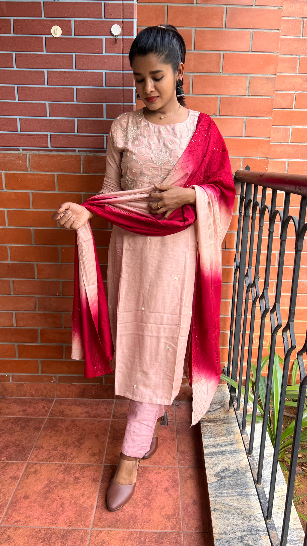 Peach and maroon embroidery hand worked 3 piece kurti set - Threads