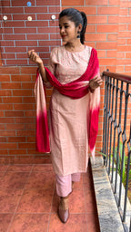 Peach and maroon embroidery hand worked 3 piece kurti set - Threads