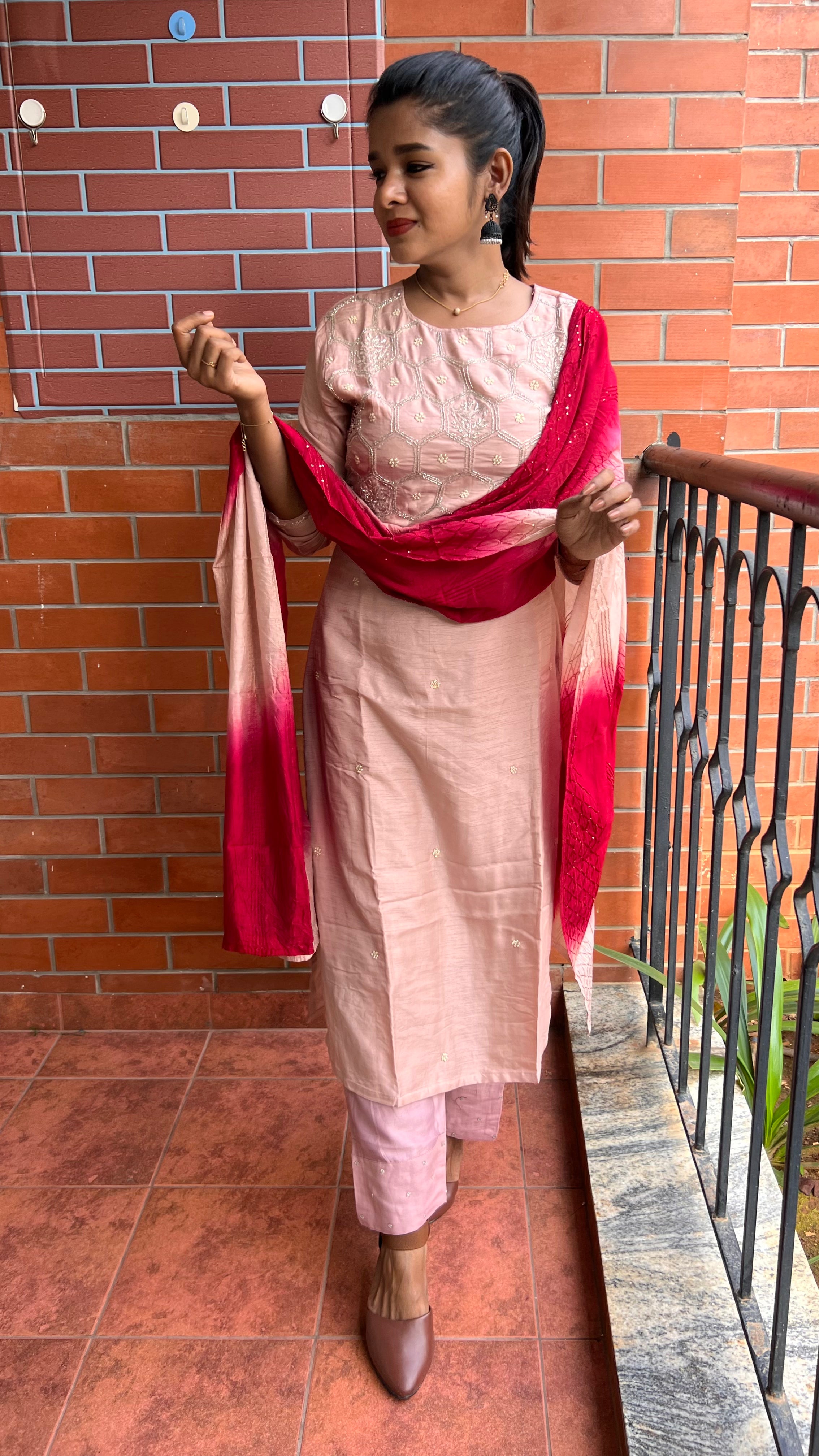 Peach and maroon embroidery hand worked 3 piece kurti set - Threads