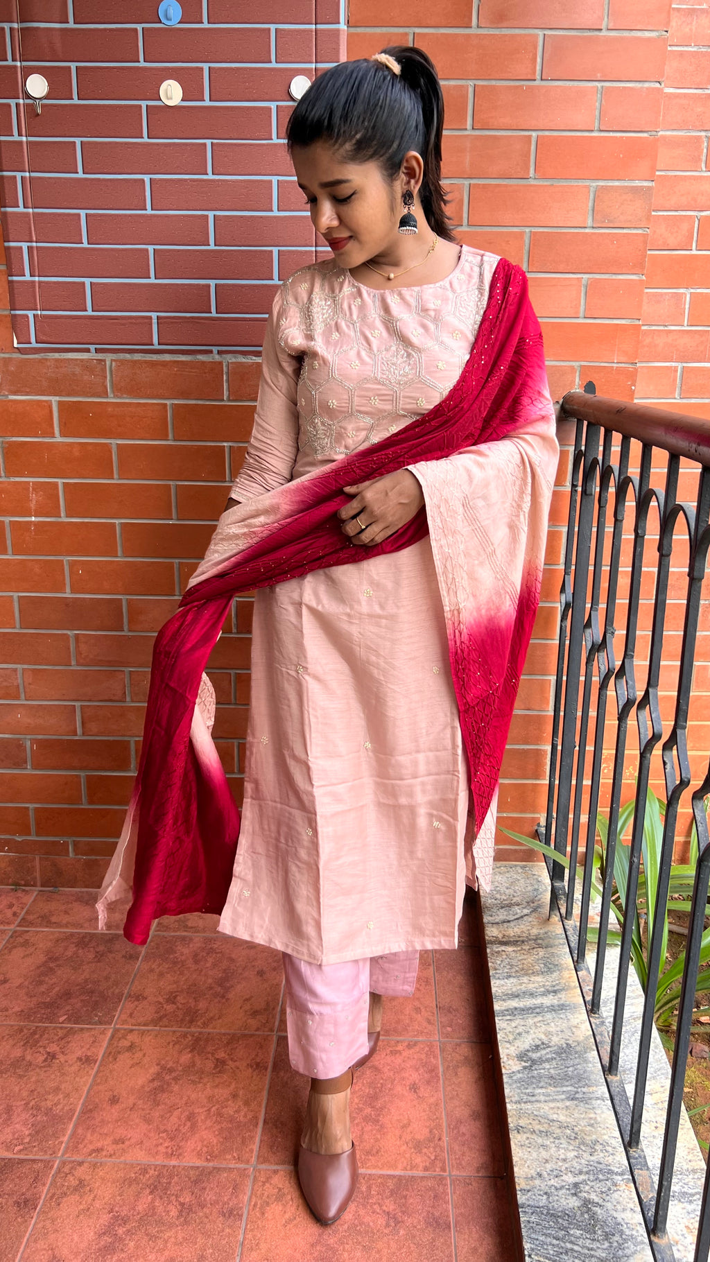 Peach and maroon embroidery hand worked 3 piece kurti set - Threads